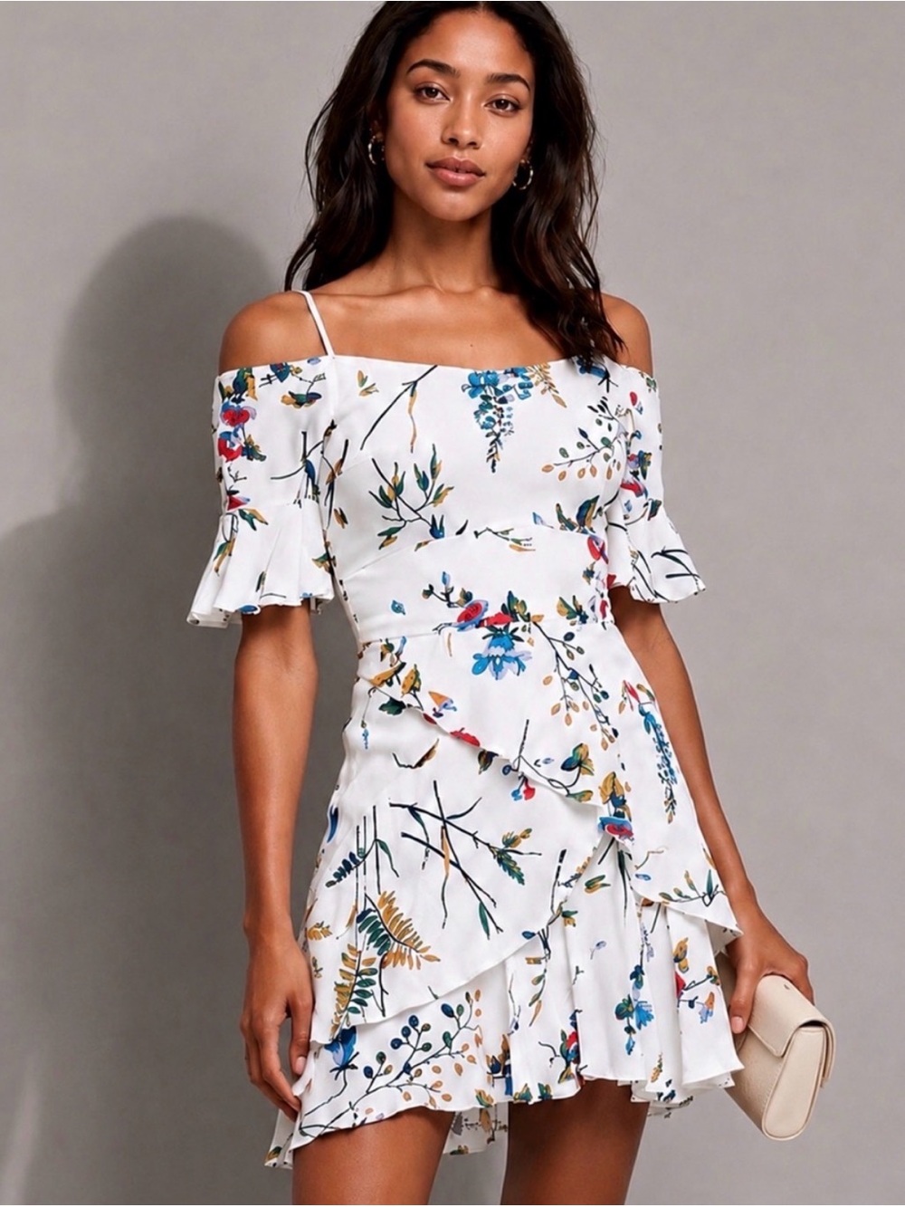 MAJE Rhina Floral Off-Shoulder Ruffle Mini Dress Size 2